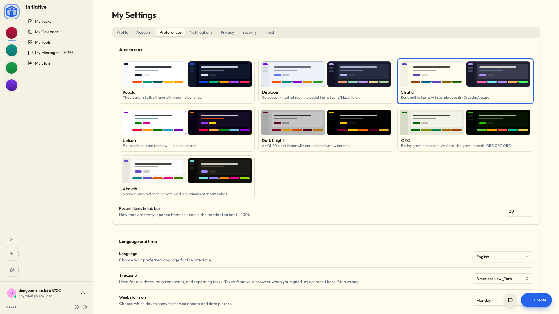 My Settings › Preferences, with a preview of each theme