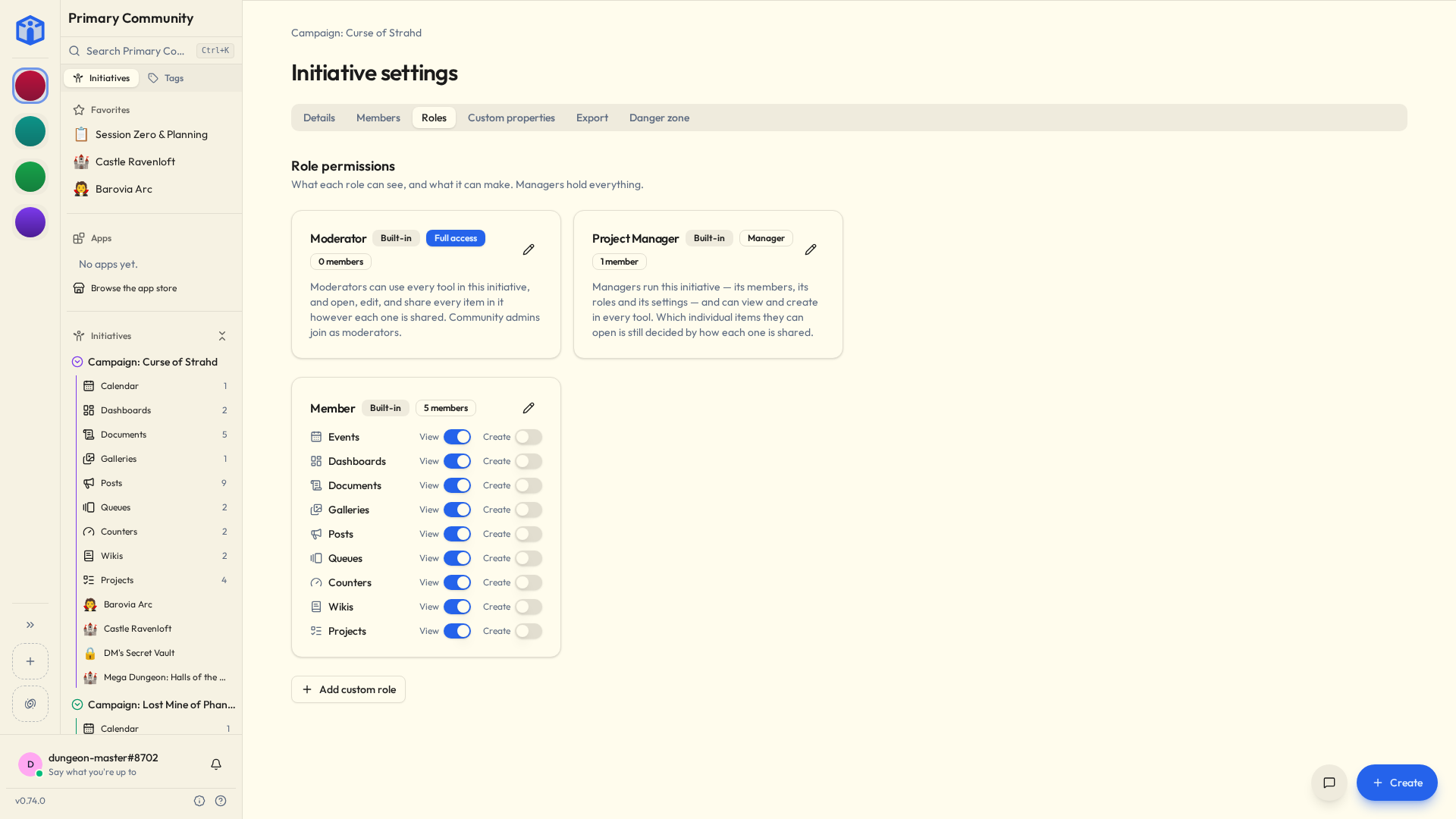 Setting permissions for an initiative role