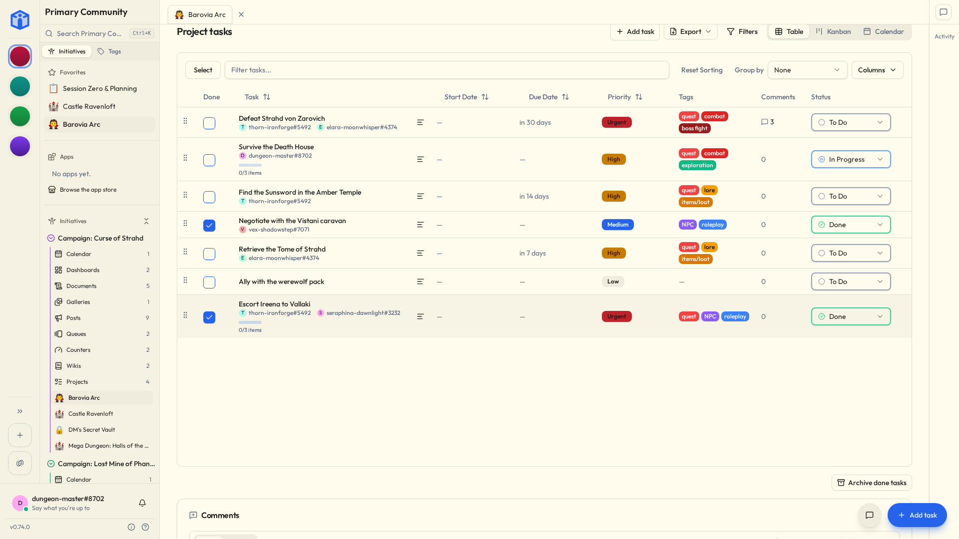 A project in Table view