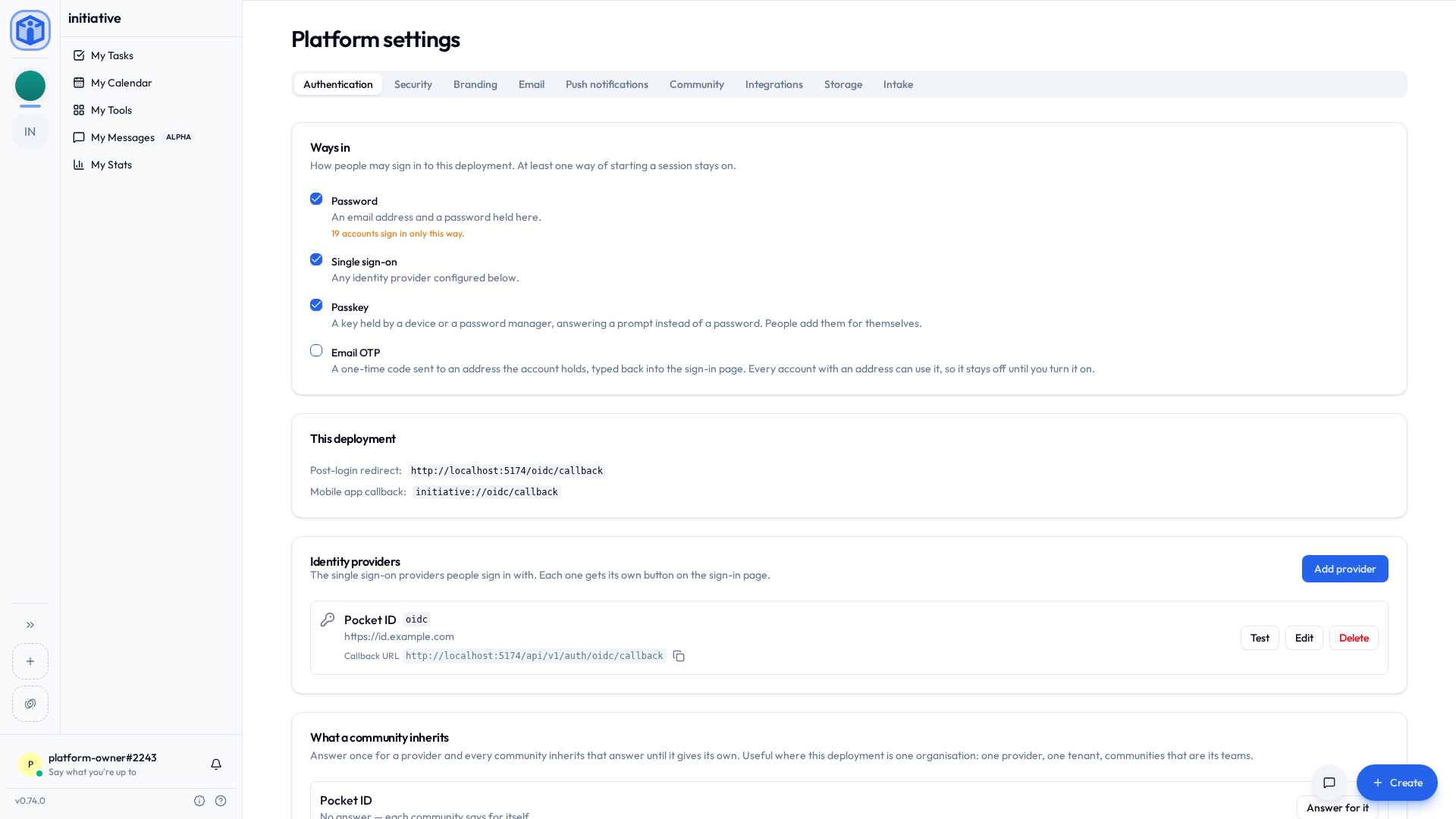 Platform settings › Authentication