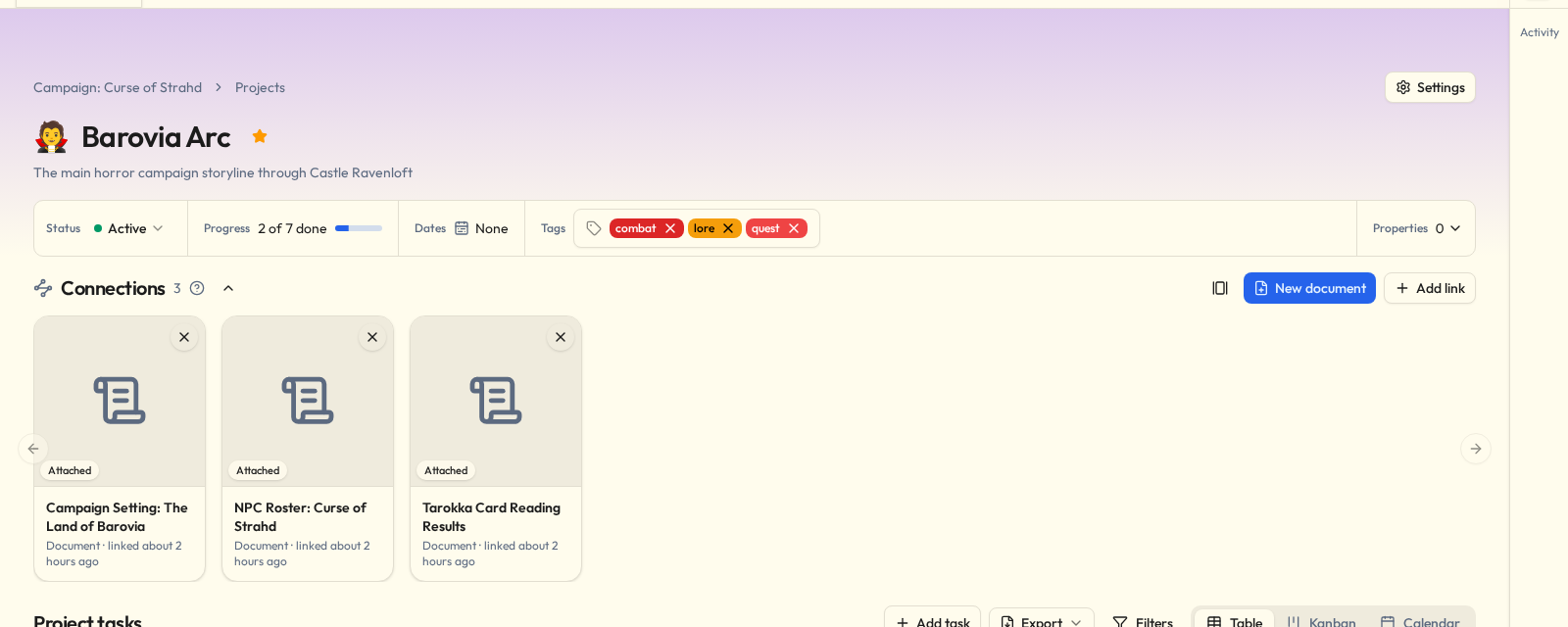 The top of a project: the initiative's band with the breadcrumb and Settings, the name, and the strip with status, progress, dates, tags and properties